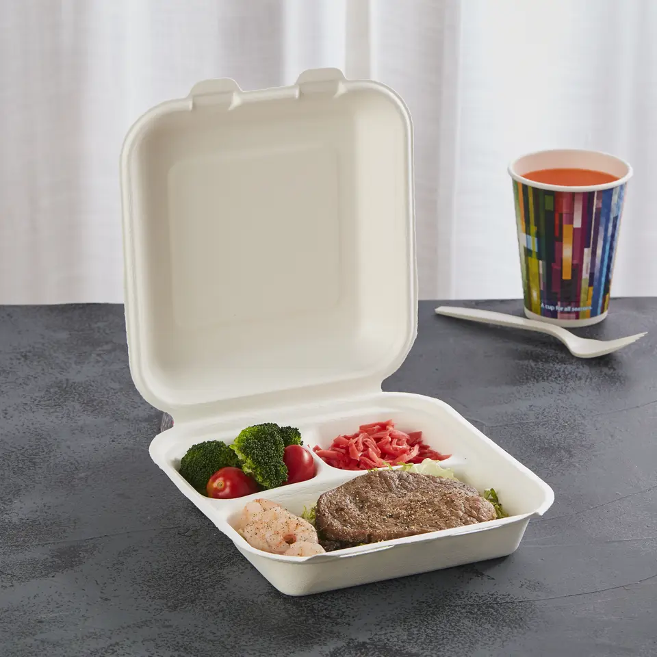 Bagasse 3-geteilt Menüboxen mit Deckel - Zuckerrohr - RyanPack