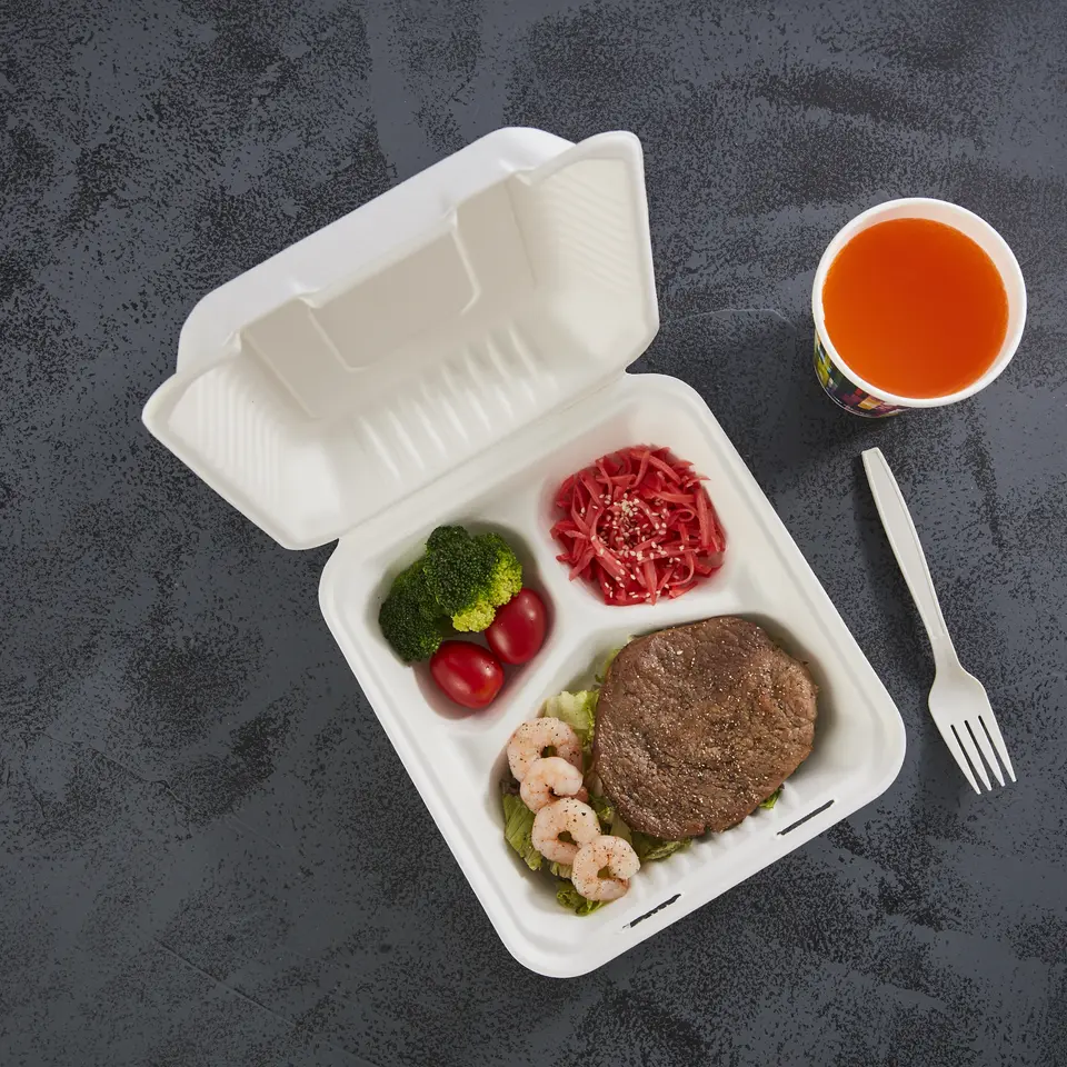 Bagasse 3-geteilt Menüboxen mit Deckel - Zuckerrohr - RyanPack