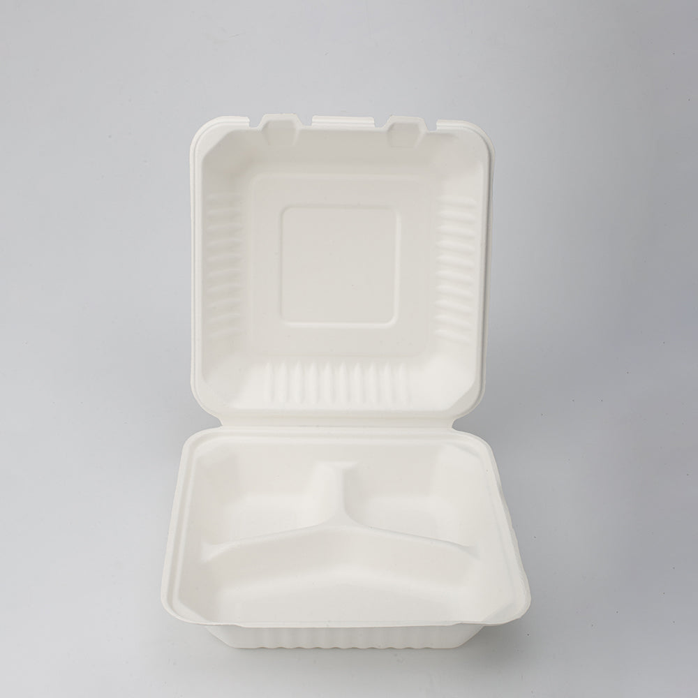 Bagasse 3-geteilt Menüboxen mit Deckel - Zuckerrohr - RyanPack