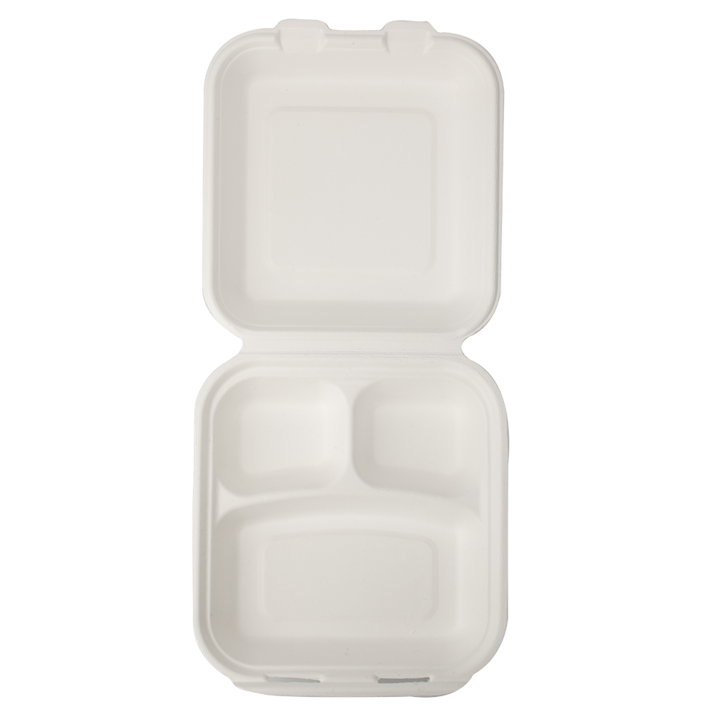 Bagasse 3-geteilt Menüboxen mit Deckel - Zuckerrohr - RyanPack
