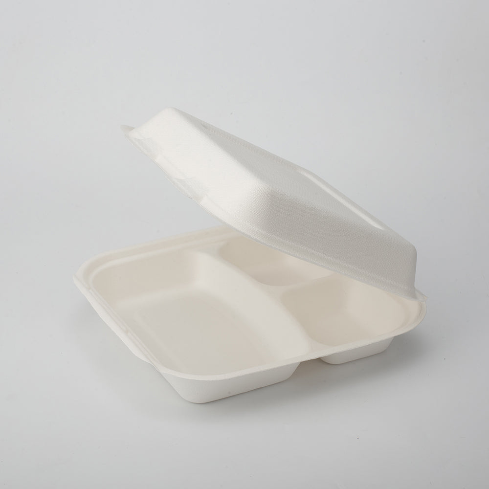 Bagasse 3-geteilt Menüboxen mit Deckel - Zuckerrohr - RyanPack