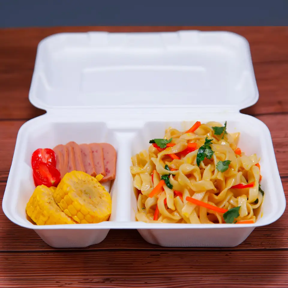 Bagasse 2-geteilt Menüboxen mit Deckel - Zuckerrohr - RyanPack